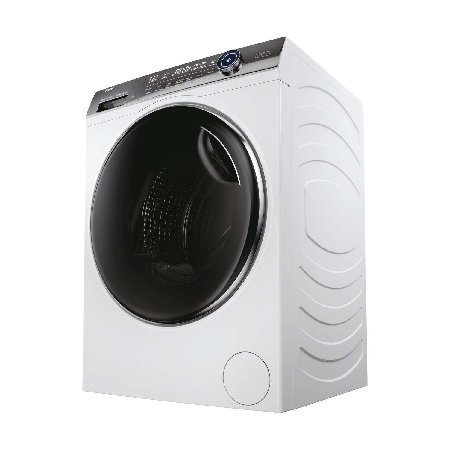 White Haier washing machine, black door. Angled view, round door and control panel visible.