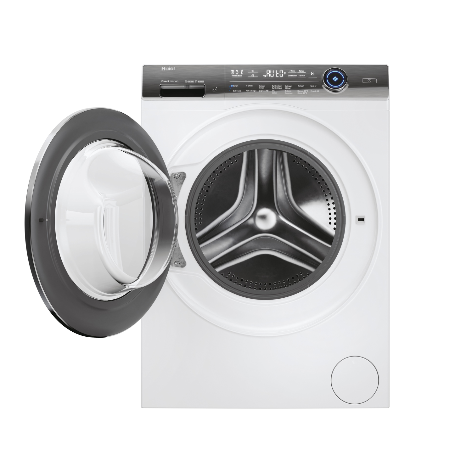 White Haier washing machine. Open door. Black interior. Control panel at the top. White background.