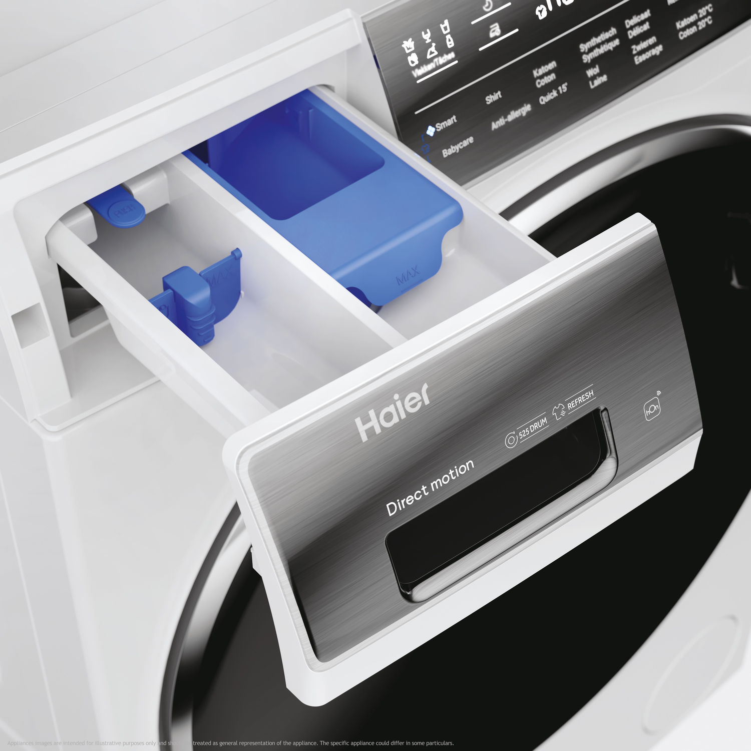 Washing machine drawer partially open, showing detergent compartments. White and blue colors.