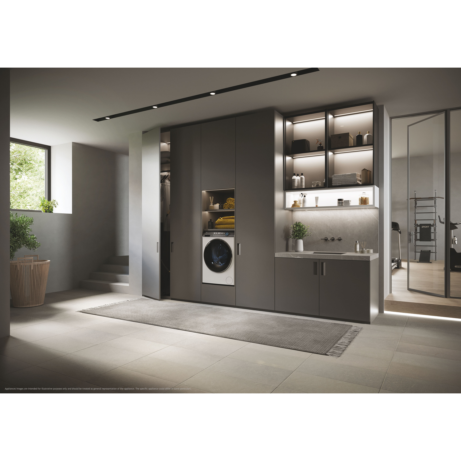 A modern laundry room with a washer-dryer unit, cabinets, and a rug.