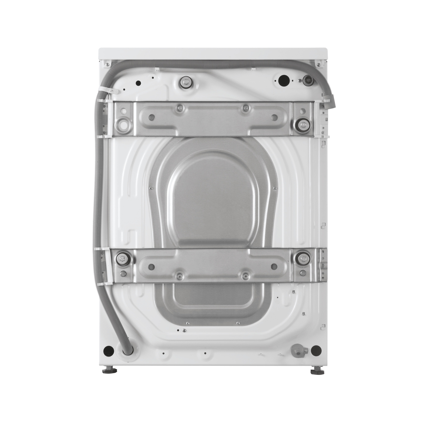 Back of a white washing machine with various components and hoses. White background.