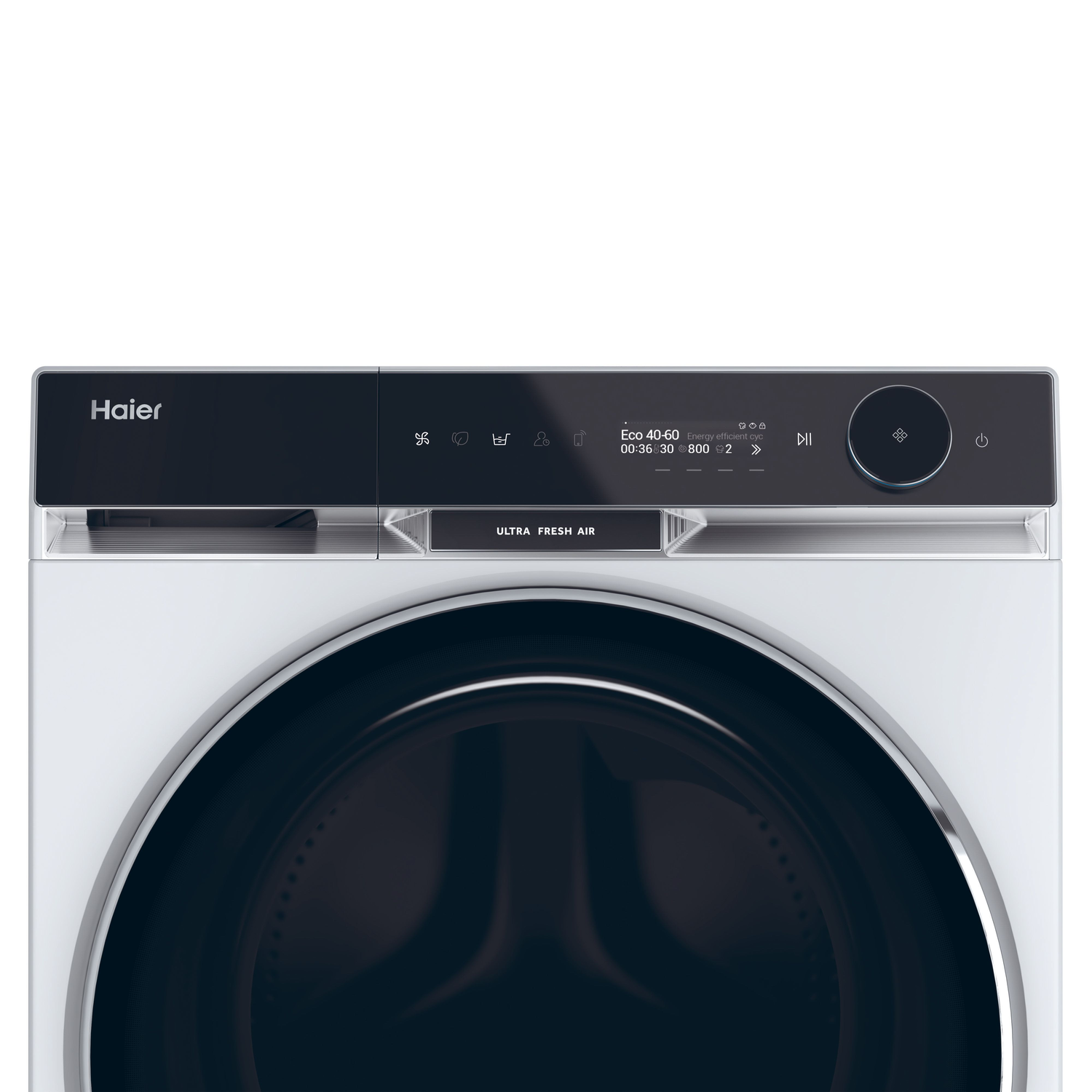 Close-up of a white Haier washing machine control panel with a black display.