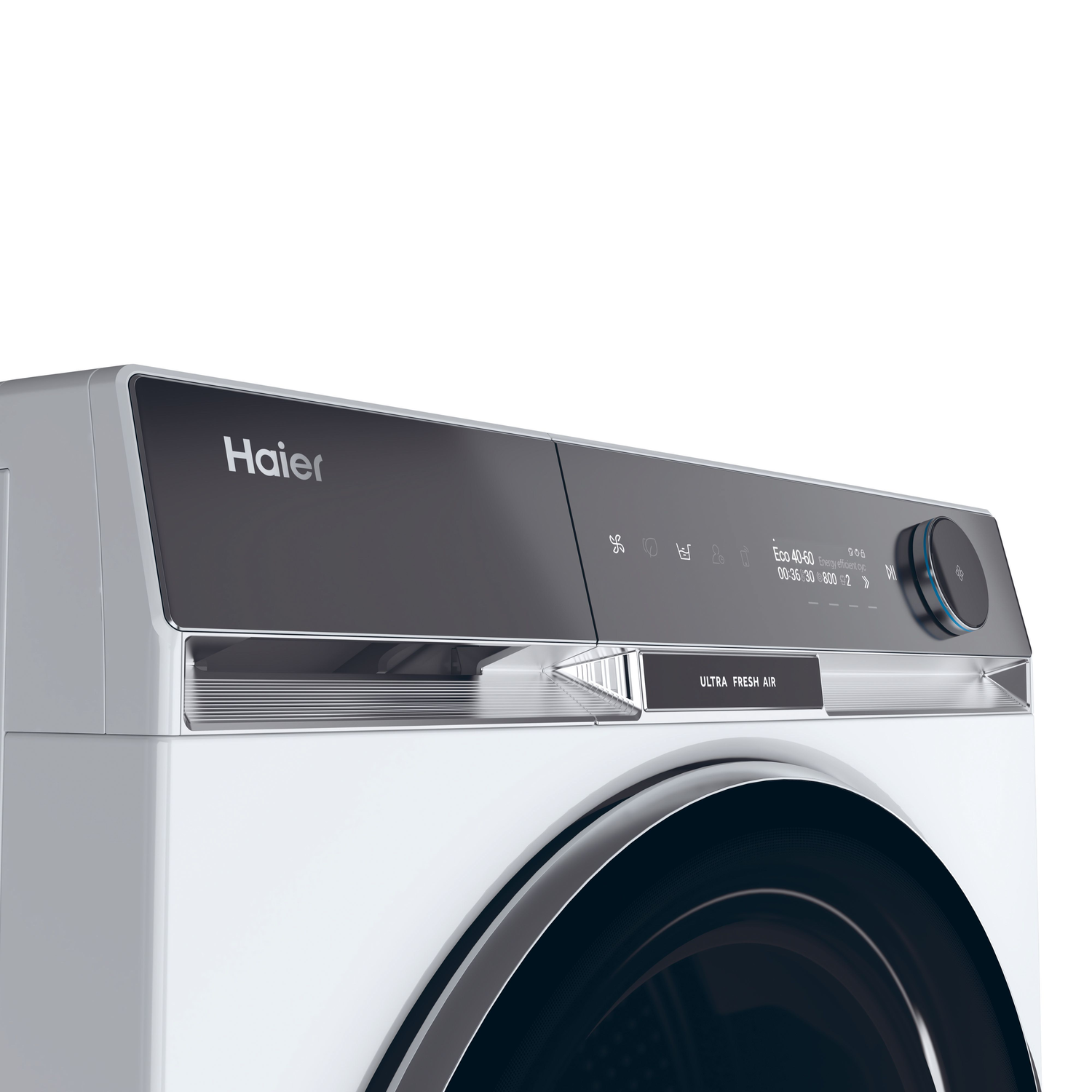 White Haier washing machine. Control panel on top. Ultra Fresh Air text visible.