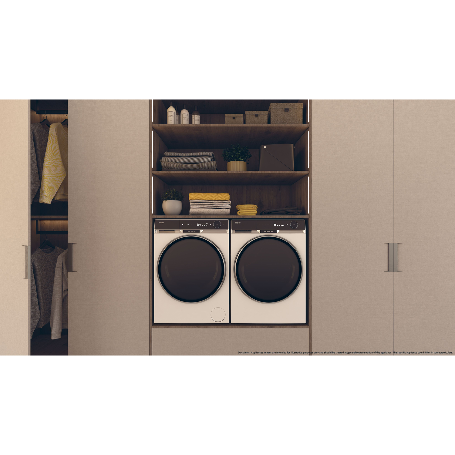 Two white washing machines inside a cabinet, with wooden shelves above them. A wardrobe is on the left.