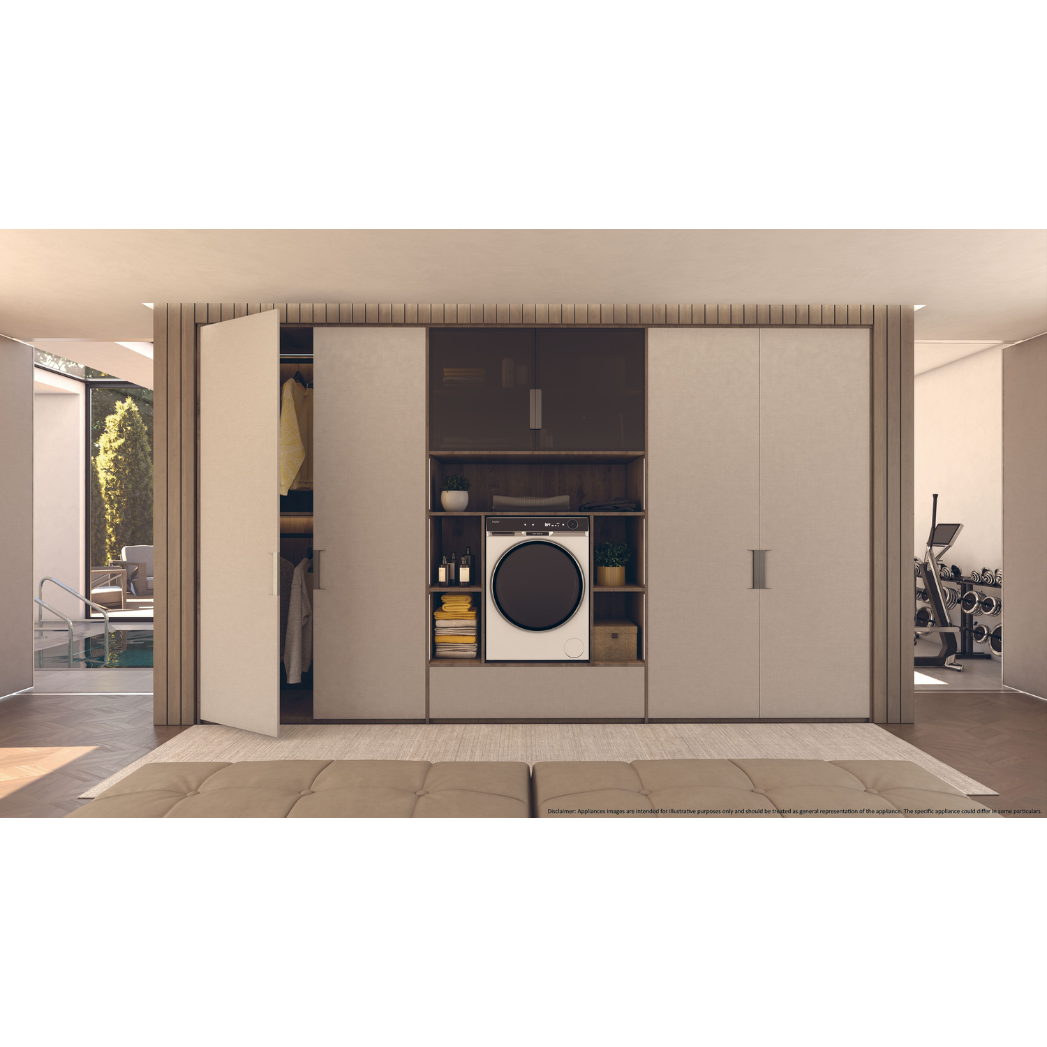 An interior scene with a wardrobe, a washing machine, and a bed. Neutral colors dominate.