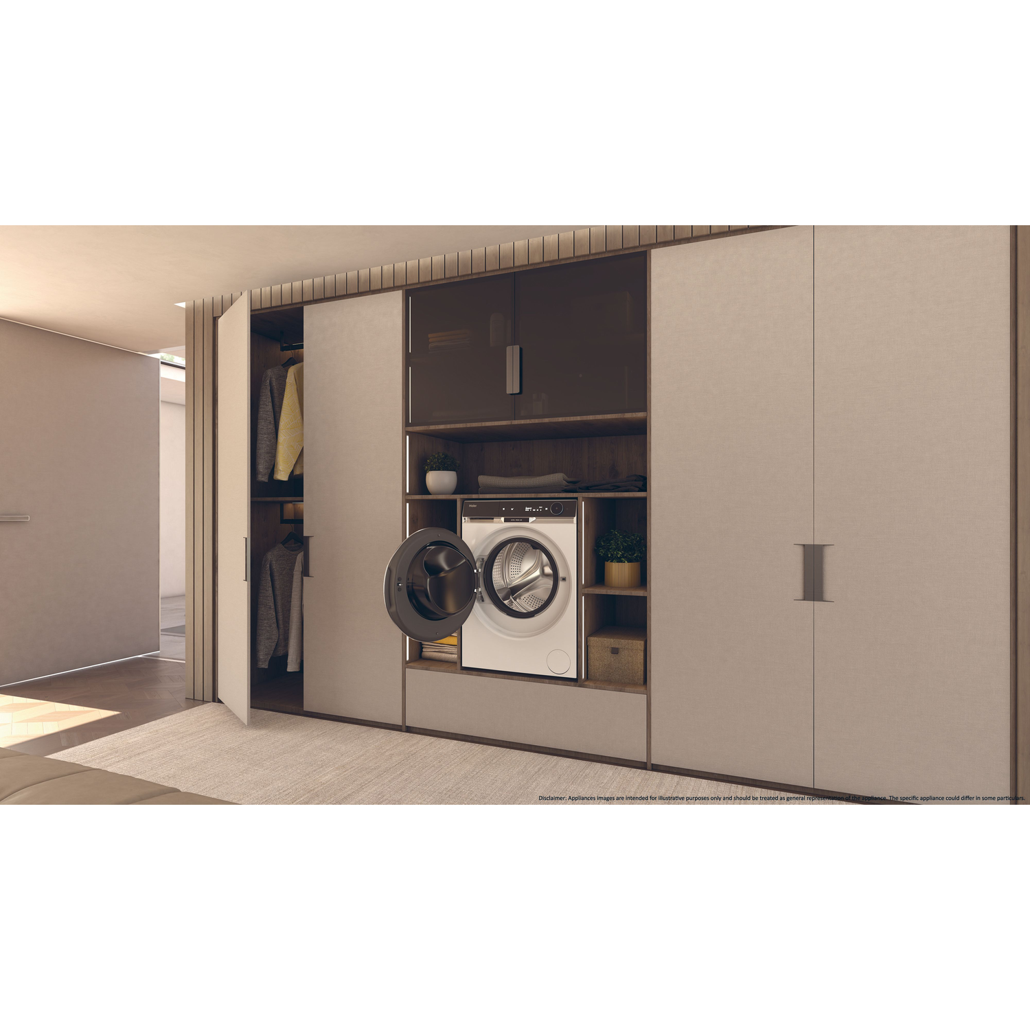 Washing machine installed in a closet. The door is open, showing the inside.