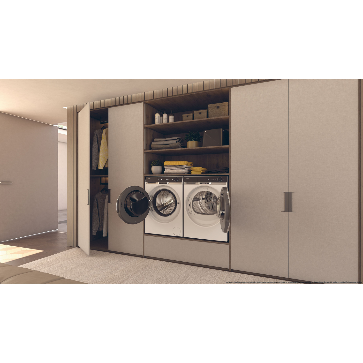 A laundry room with two washing machines and a closet is shown on a white background.