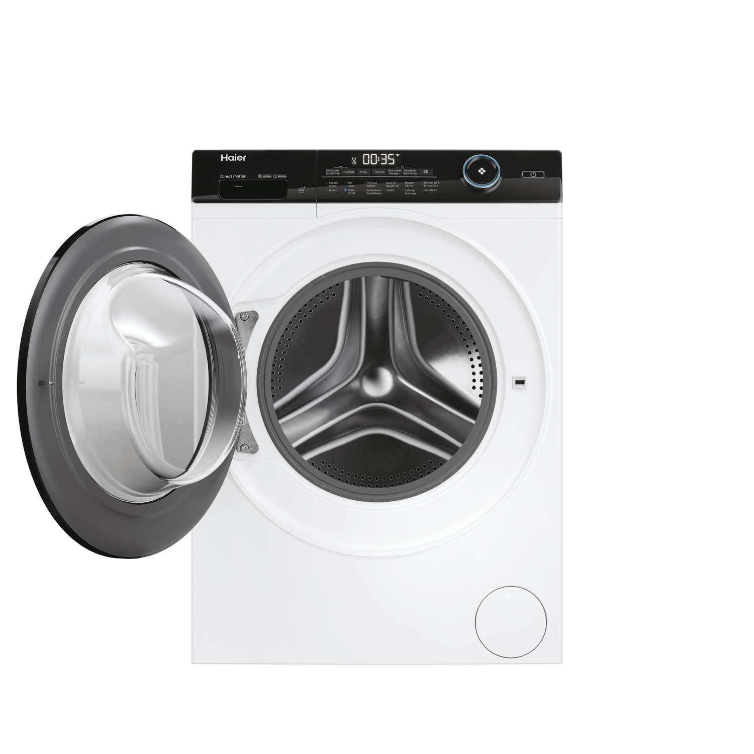 A white washing machine with the door open, showing the inside.
