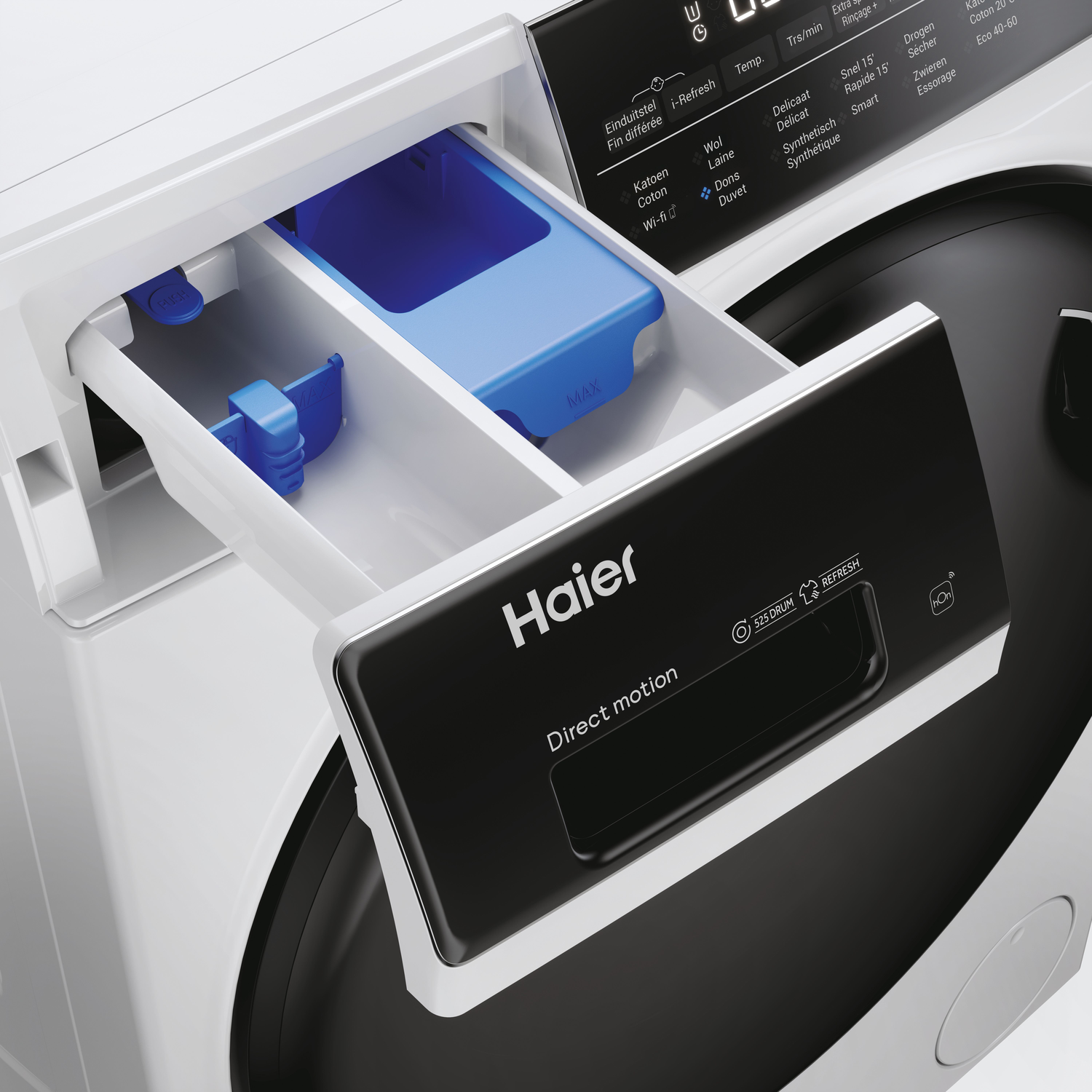 Washing machine with opened drawer.