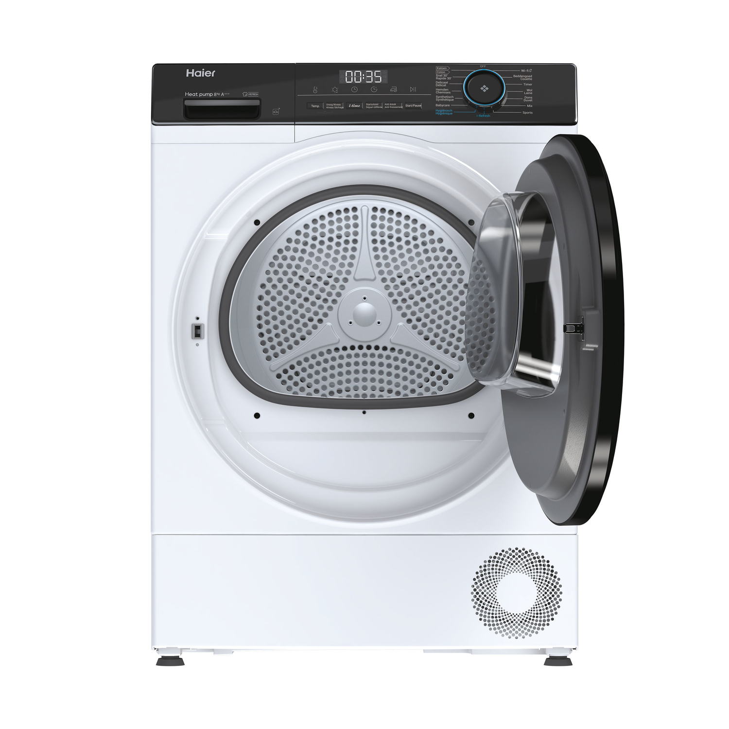 A white Haier dryer with the door open. The digital display shows the time. White background.