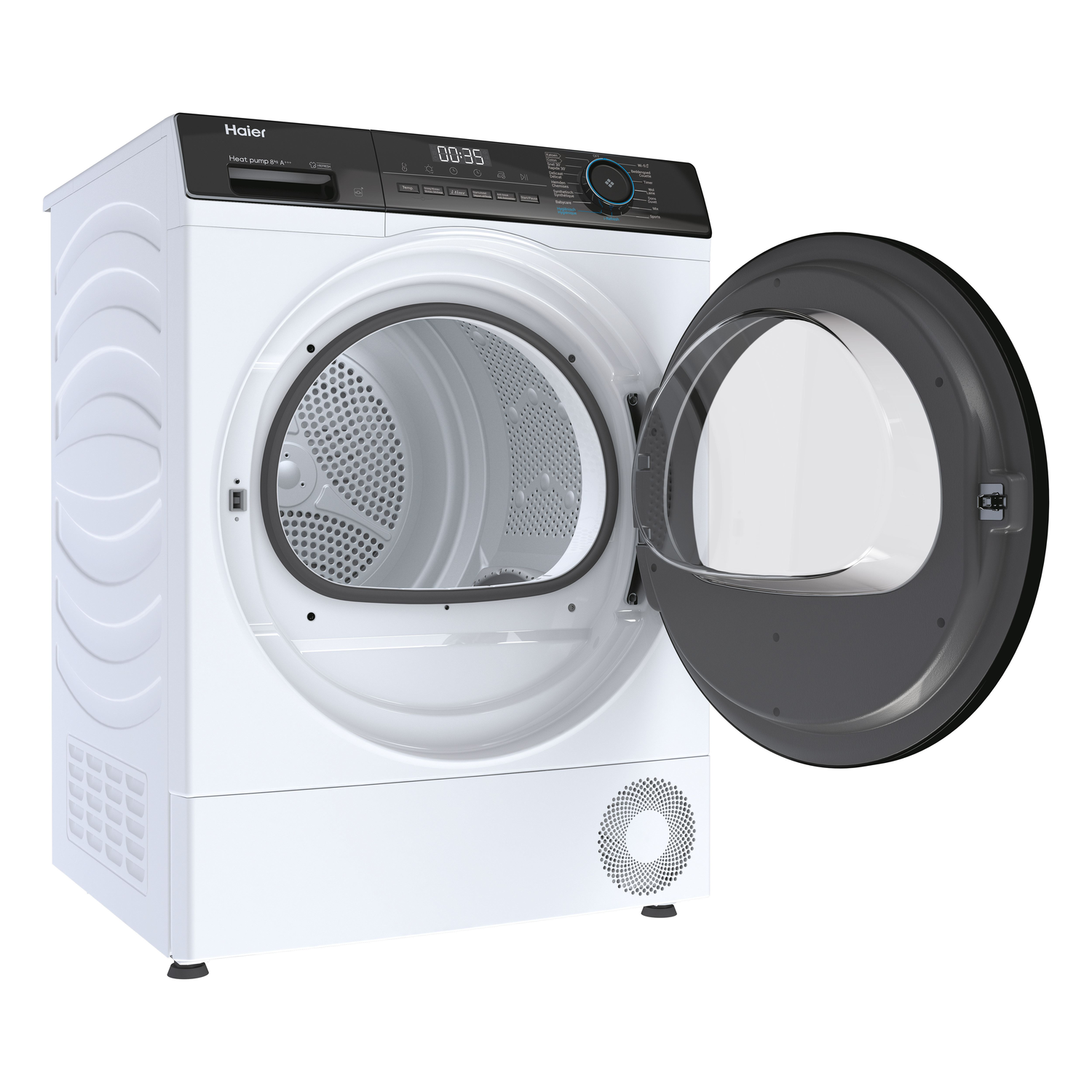 White dryer with open door. The interior is visible, and it has a digital display.