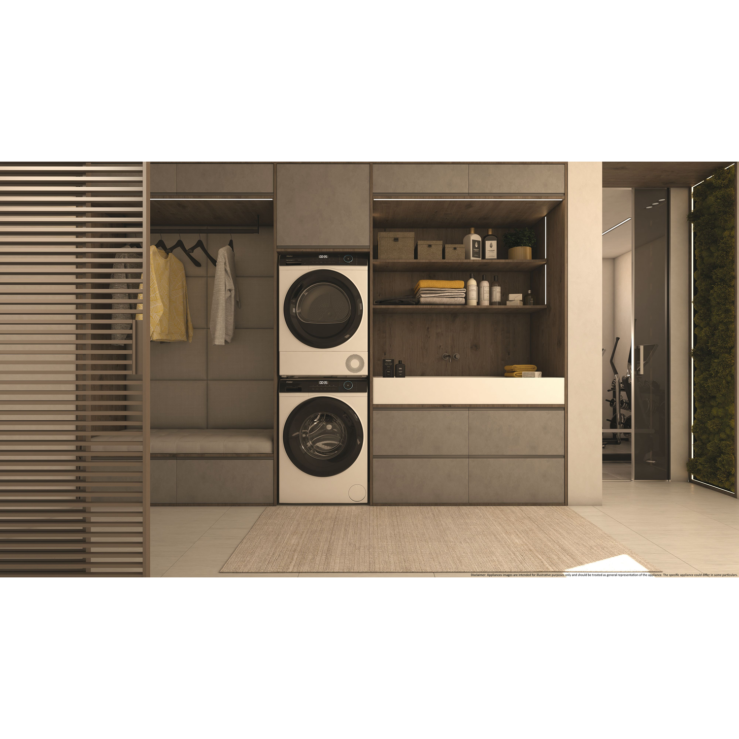 Laundry room with a washer and dryer. There is a bench and clothing on hangers.