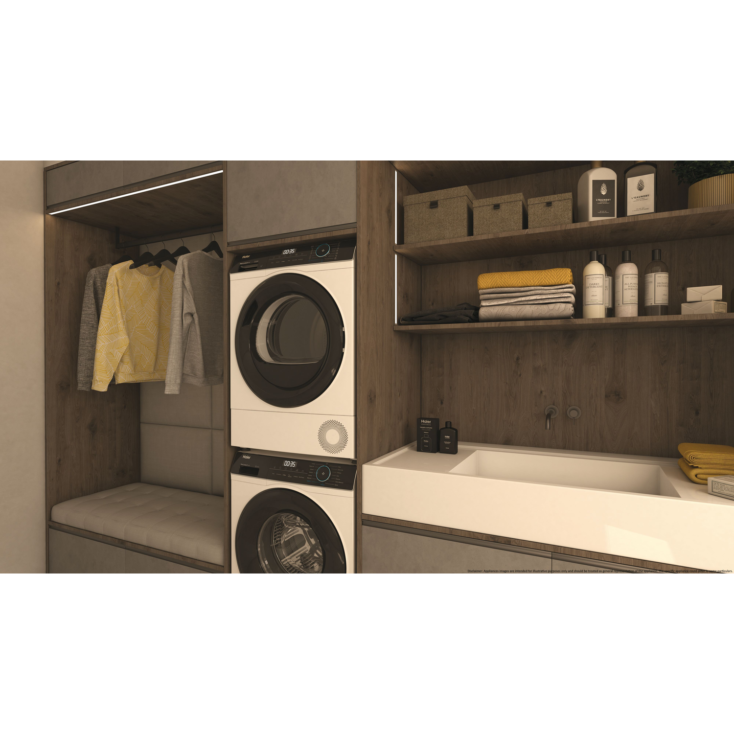 A laundry room with a washer, dryer, and shelves. The washer and dryer are white and stacked.