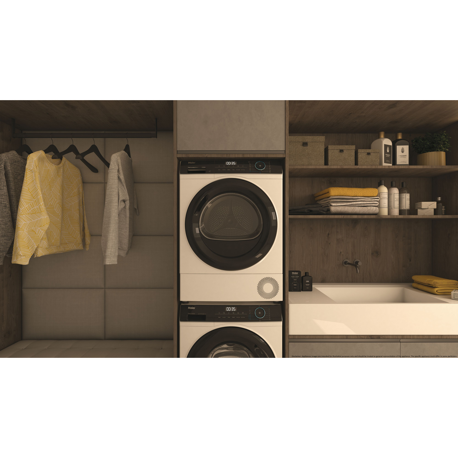 Interior shot of a laundry area with a washing machine, dryer, and shelves.
