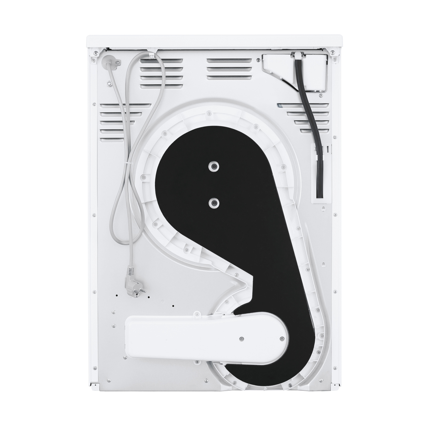 Back view of a white dryer with internal components visible.