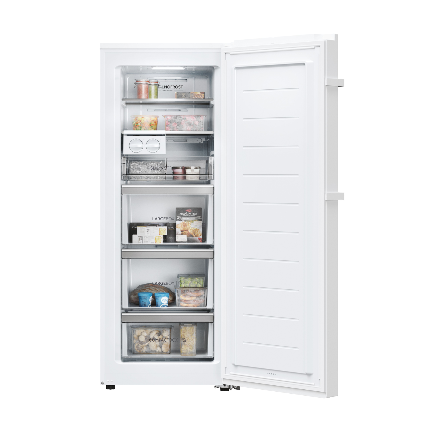 A white refrigerator with the door open, revealing shelves with food items inside.