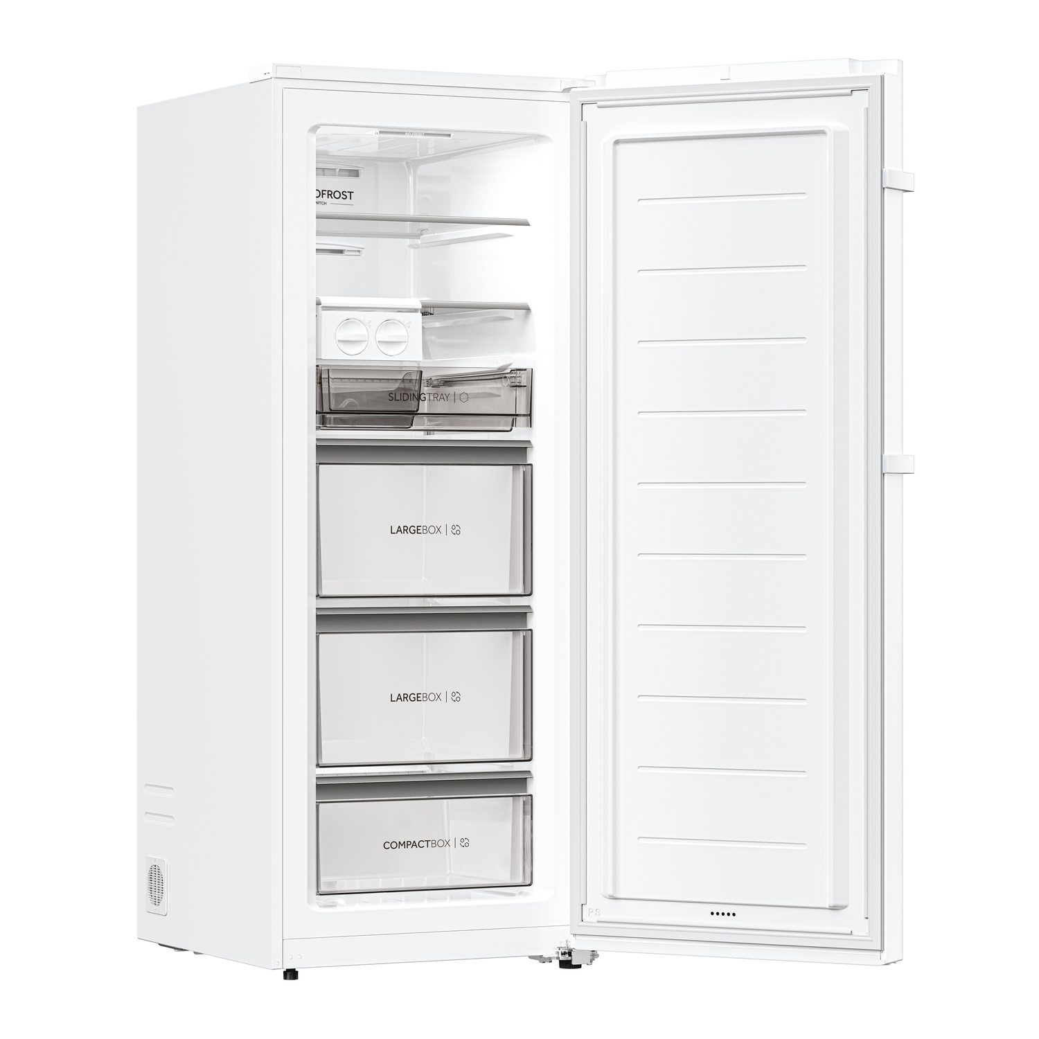A white, open freezer displays shelves, drawers, and a door. Labels indicate 'Largebox' and 'Compactbox' within the compartments.