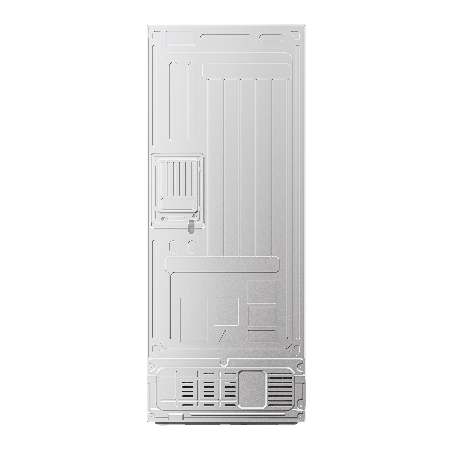 Back of a white refrigerator. Showing the back panel with various components and details.