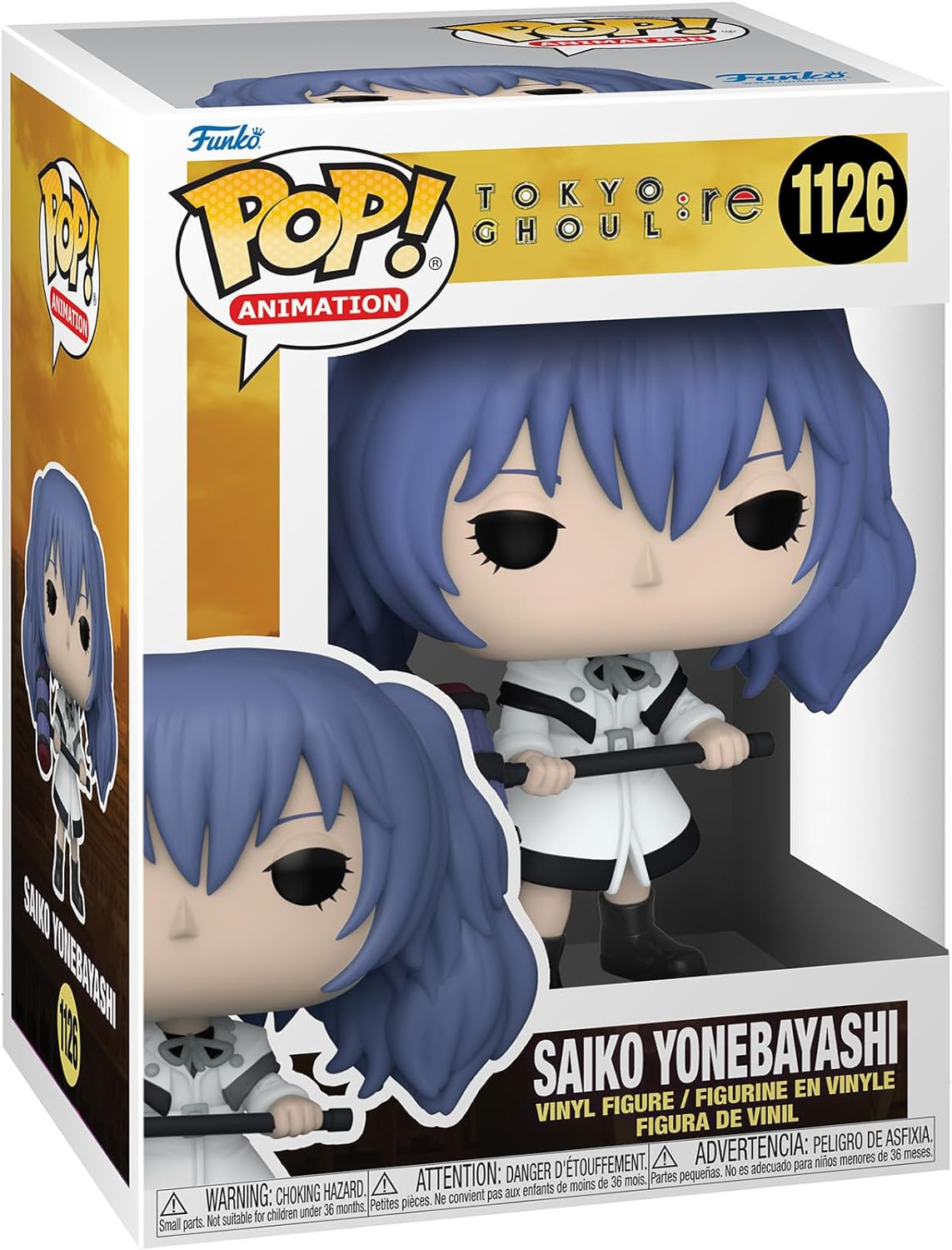 Egy Funko Pop figura Saiko Yonebayashiról a Tokyo Ghoul:re-ből, egy bemutató dobozban.