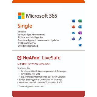 Microsoft 365 Single & McAfee LiveSafe Bundle, 12 Monate für 1 Nutzer (5 Geräte), Download Code  - [Multiplattform]