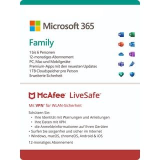 Microsoft 365 Family & McAfee LiveSafe Bundle - 12 Monate für 1-6 Nutzer (je 5 Geräte), Download Code - [Multiplattform]