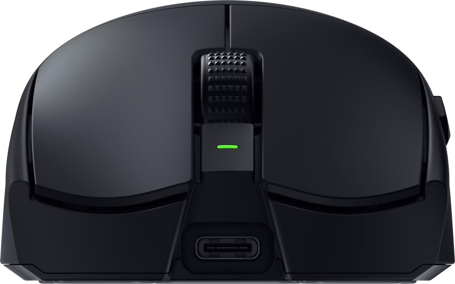 Ratón gaming Razer negro. Vista superior. Rueda de desplazamiento, luz verde, puerto de carga y botones.