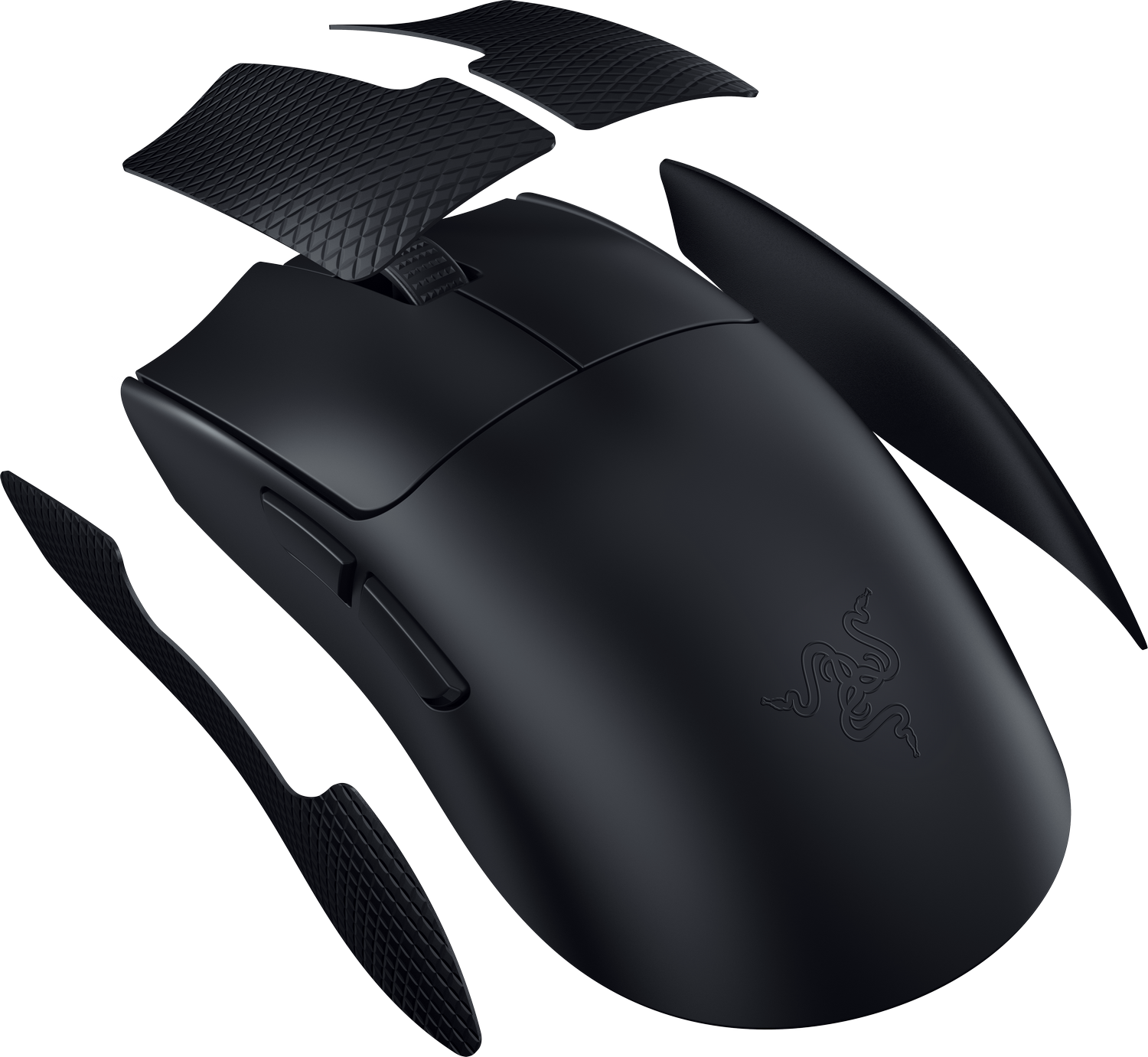 Un ratón gaming negro con almohadillas de agarre desmontables, mostrando el logo de Razer.