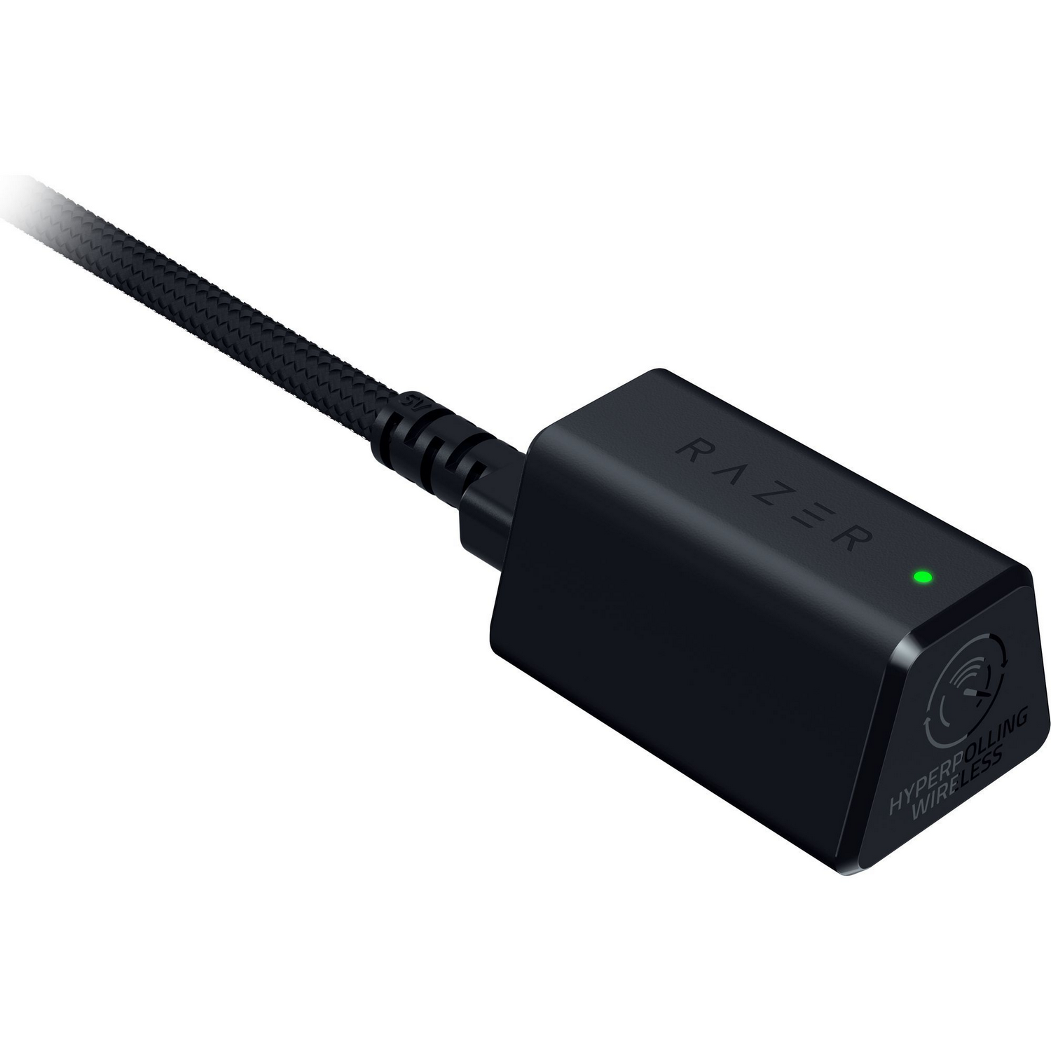 Dongle inalámbrico Razer Hyperpolling negro con luz verde, vista en ángulo.