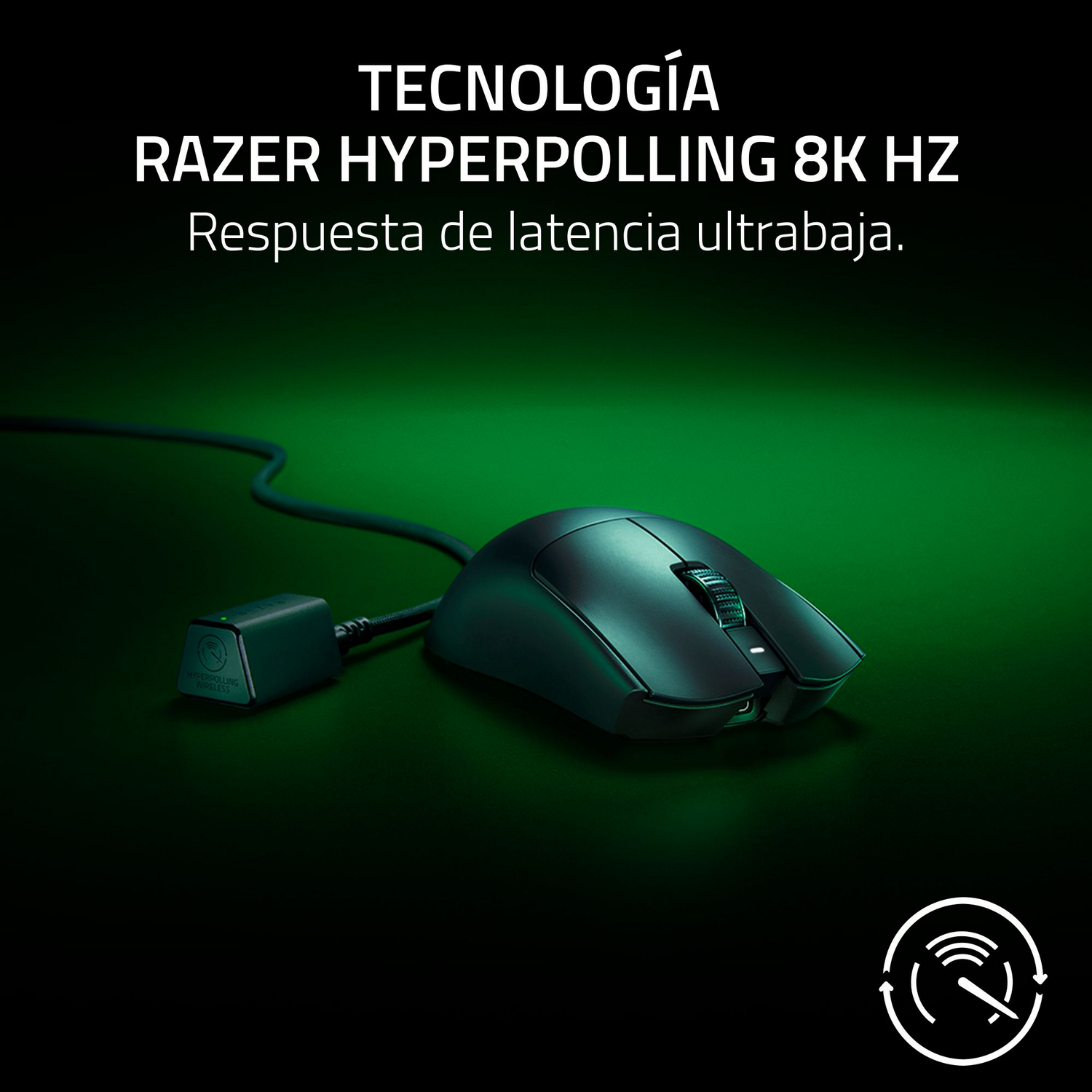 Ratón gaming Razer negro con cable y base de carga. Texto sobre Razer HyperPolling 8K Hz.