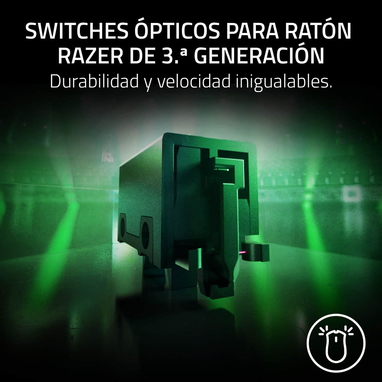 Un interruptor de ratón óptico Razer, verde oscuro, con un fondo brillante.
