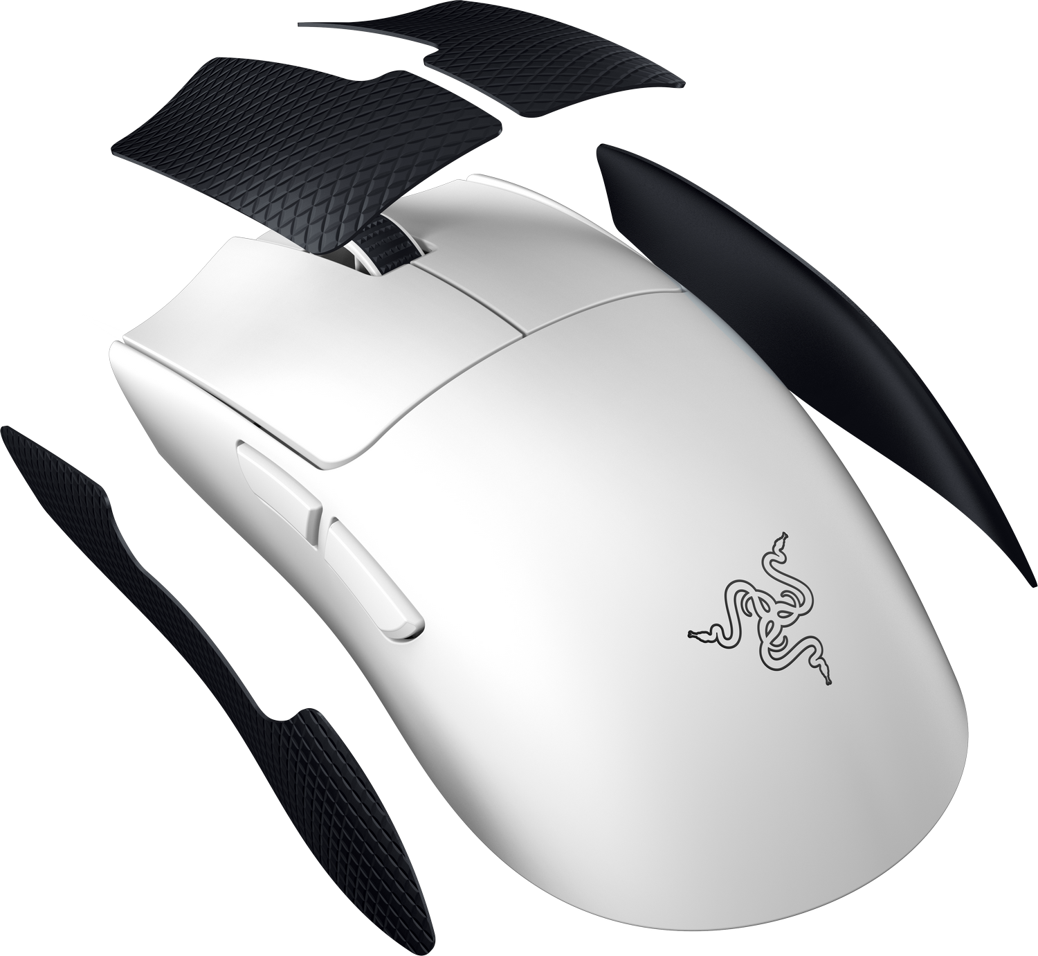 Ratón gaming blanco con almohadillas negras. Logotipo de Razer arriba. Piezas separadas, mostrando el montaje. Fondo gris.