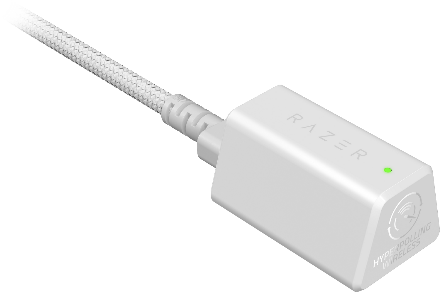 Adaptador inalámbrico Razer HyperPolling blanco con cable blanco. Luz verde en el adaptador.