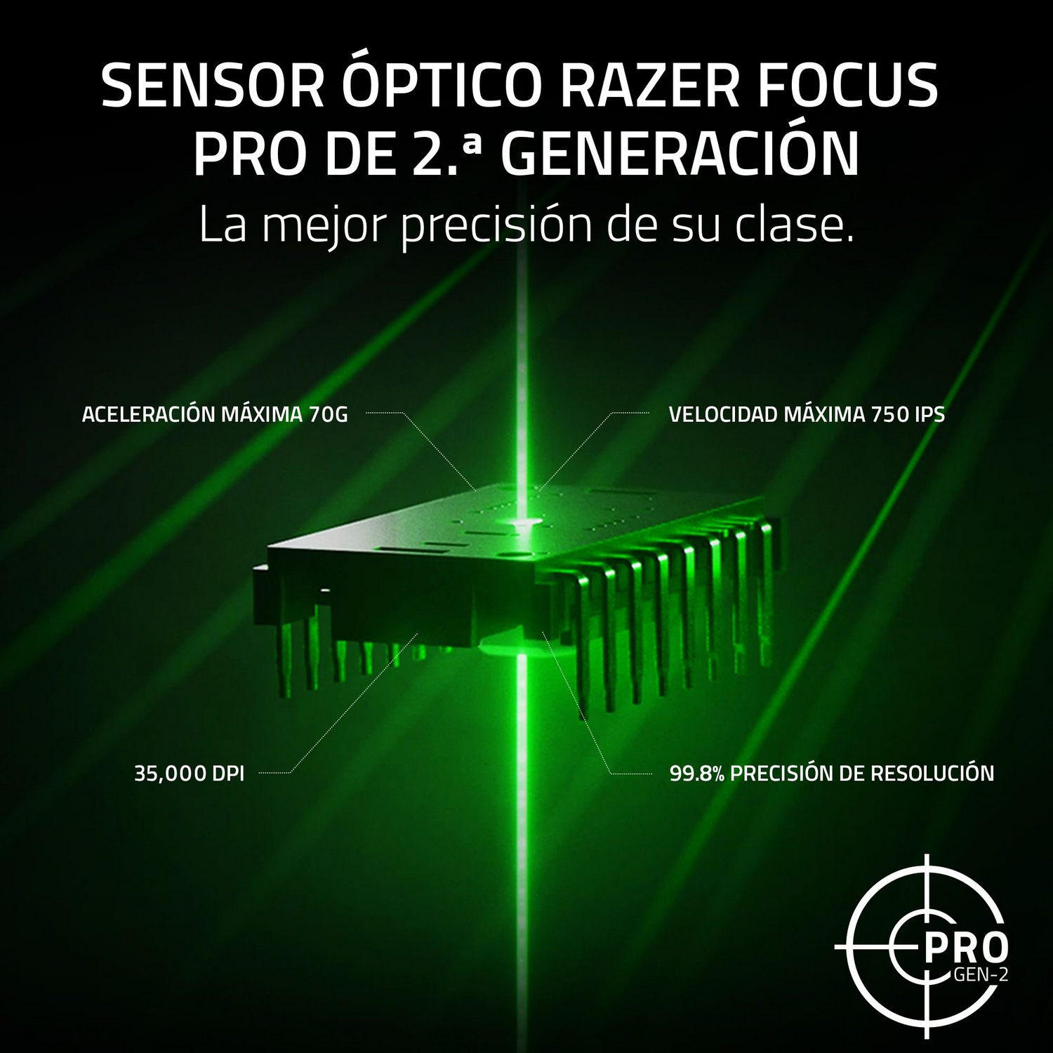 Gráfico verde y negro: Sensor Razer Focus Pro 2.ª Gen, 35.000 DPI, 99,8% resolución, 70G aceleración.