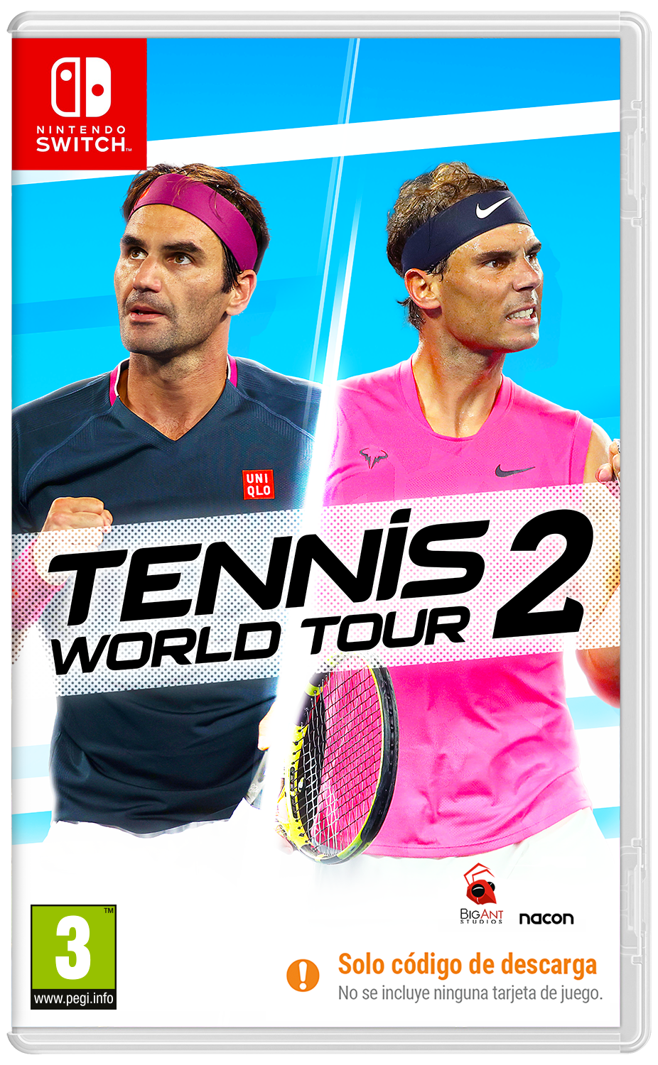 Portada del juego: Tennis World Tour 2. Con Federer y Nadal. Logo de Nintendo Switch. Colores brillantes y detalles del juego.