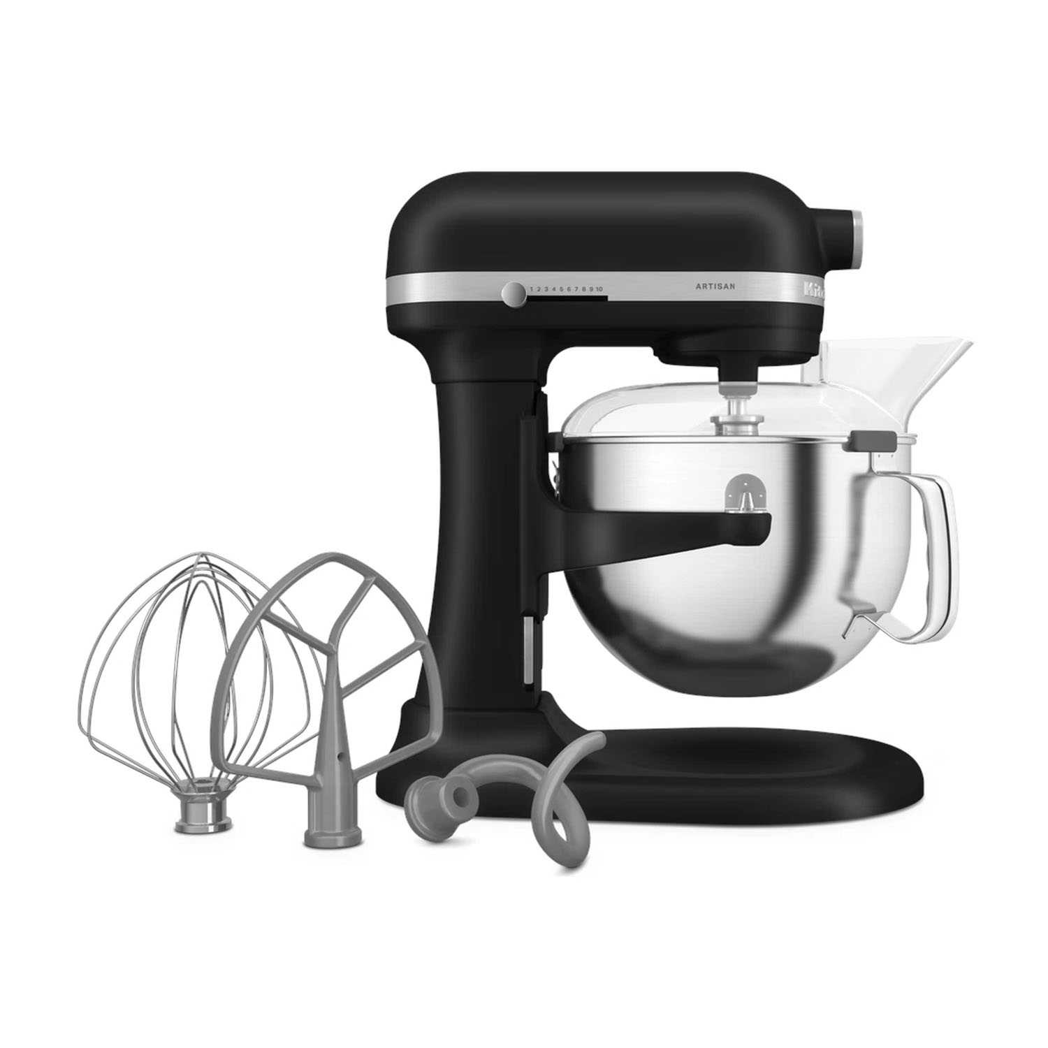 Frullatore KitchenAid nero con accessori su sfondo bianco.