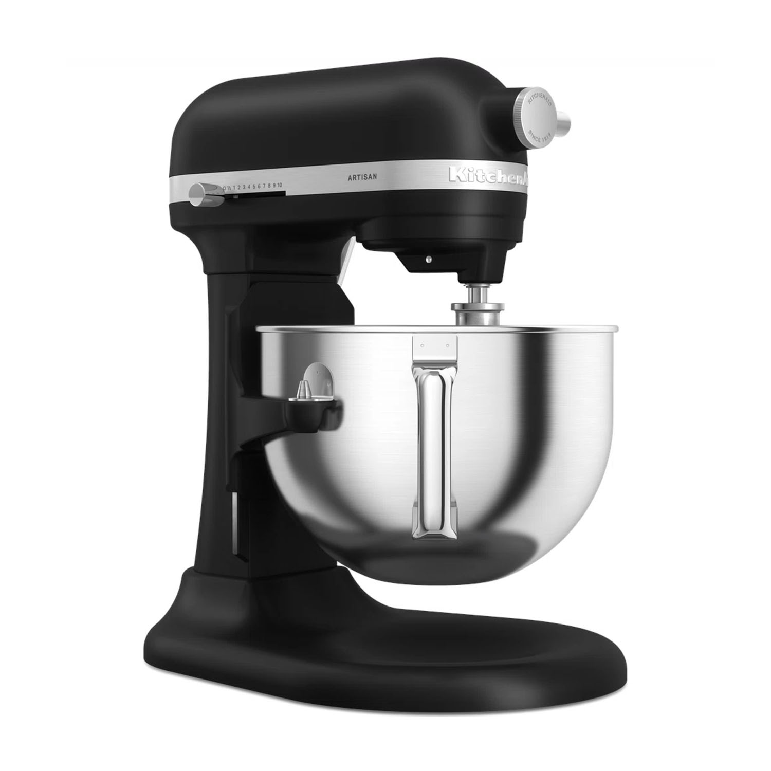 Impastatrice KitchenAid nera, ciotola argentata, sfondo bianco.