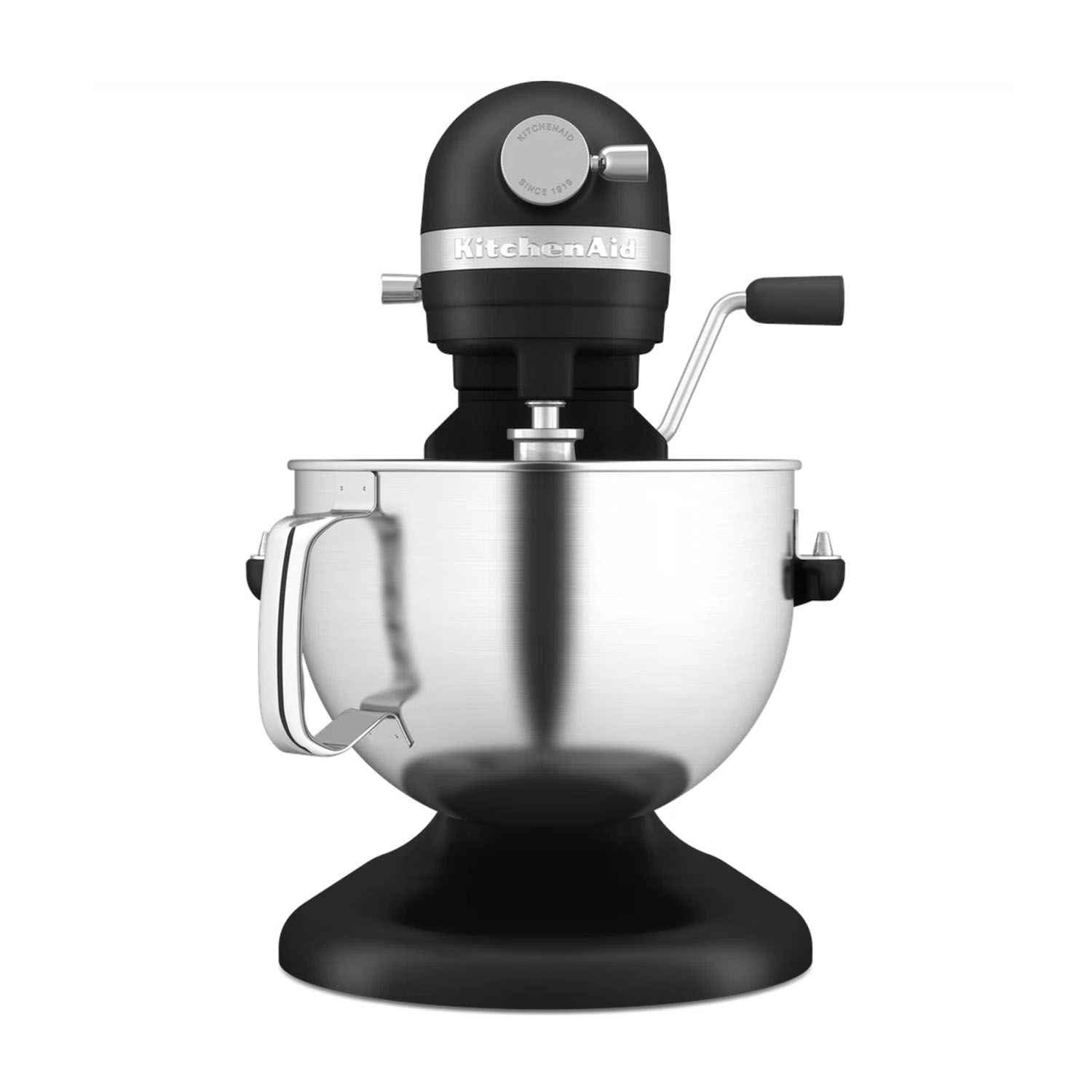 Frullatore KitchenAid nero con ciotola in acciaio inox, visto frontalmente.