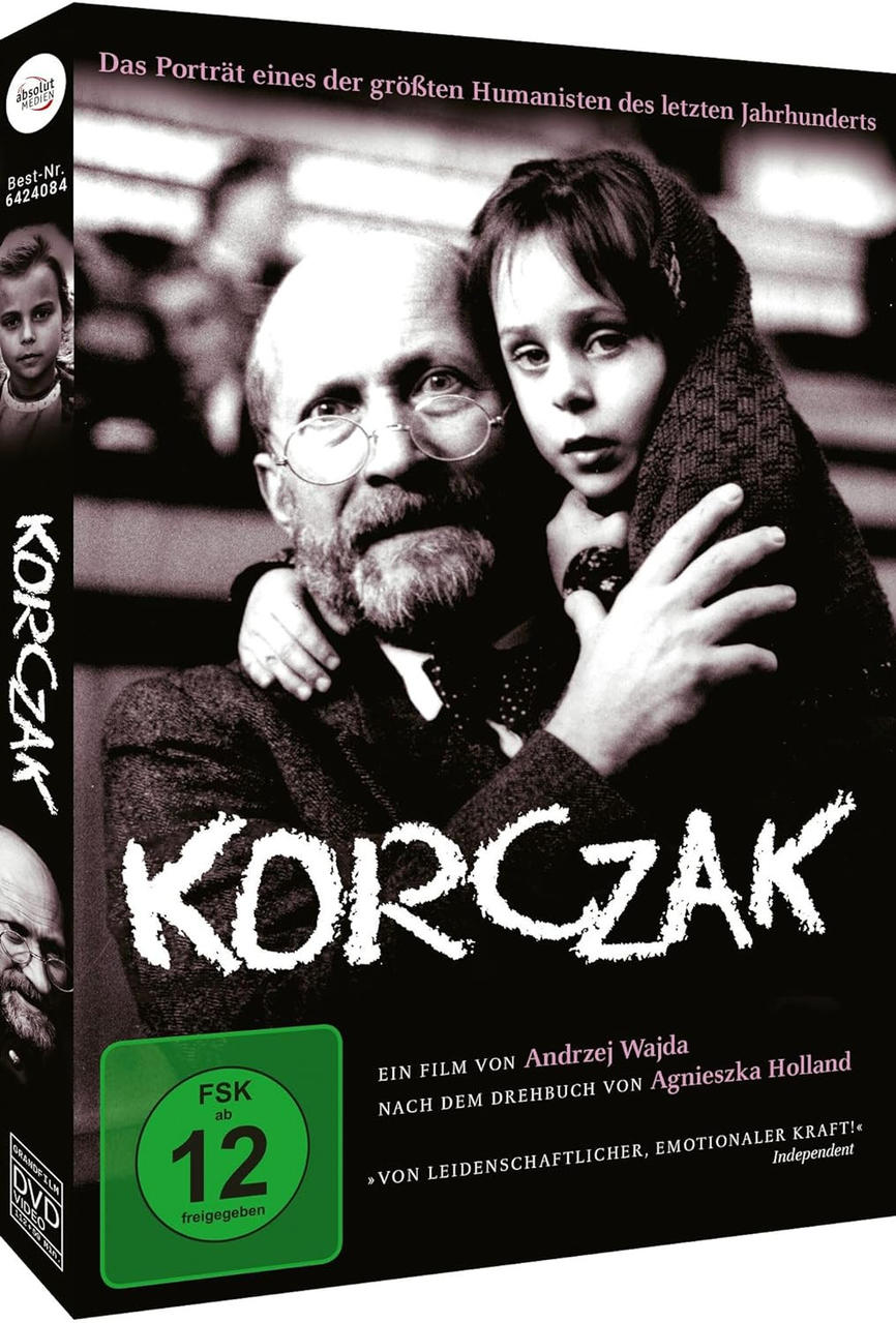Filmcover: Mann umarmt Kind. Text: Korczak, ein Film. Schwarze DVD-Hülle.