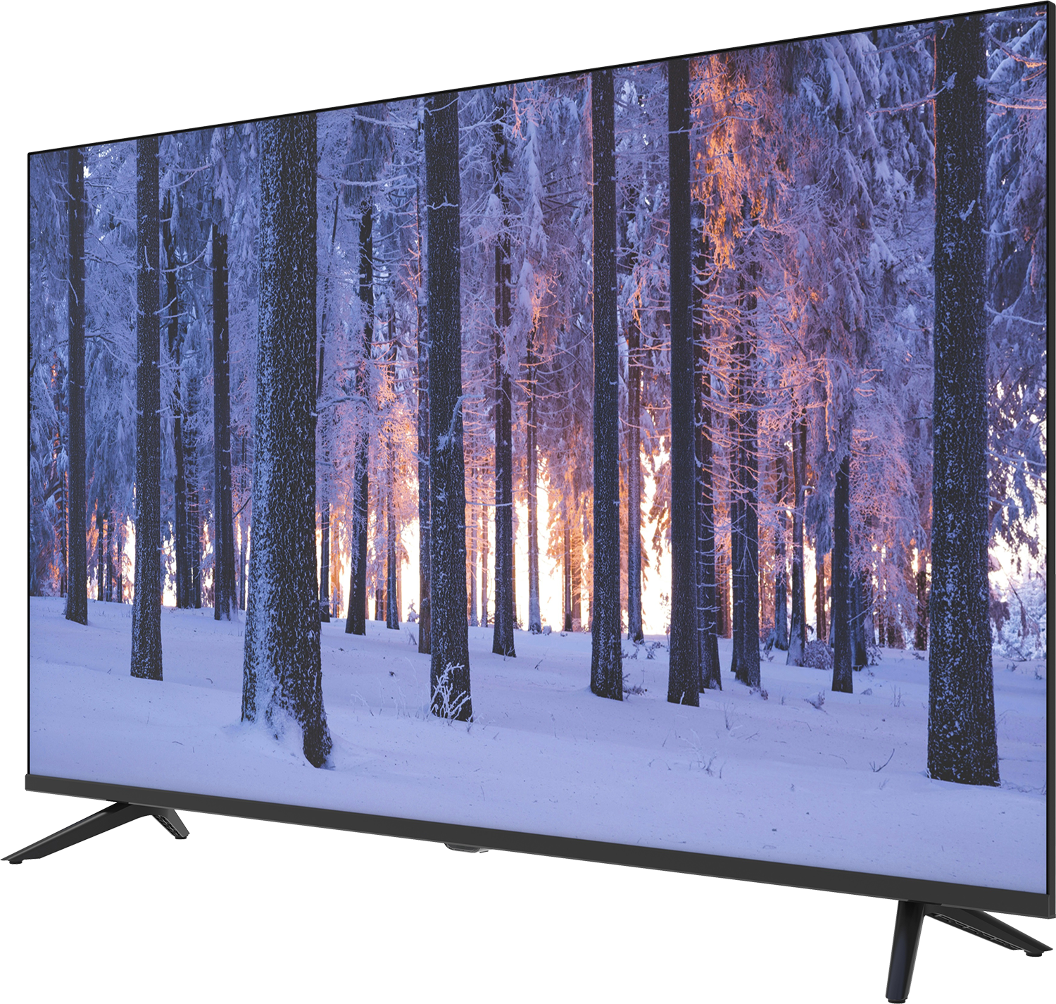 Egy TV képernyő havas erdei jelenetet mutat, fák és színes napkelte látható.