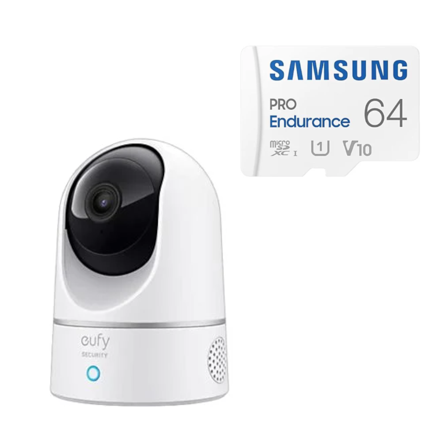Une caméra de sécurité blanche et une carte SD Samsung Pro Endurance de 64 Go.