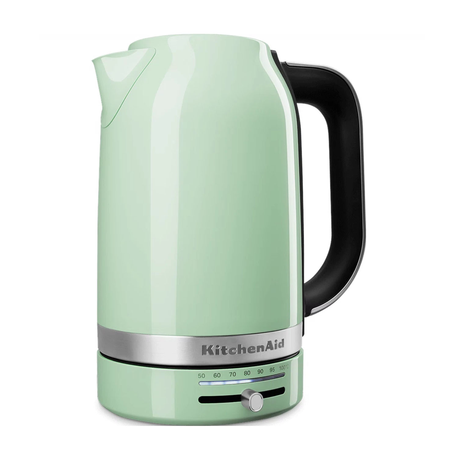 Bollitore elettrico KitchenAid verde menta con manico nero e manopola di controllo temperatura.