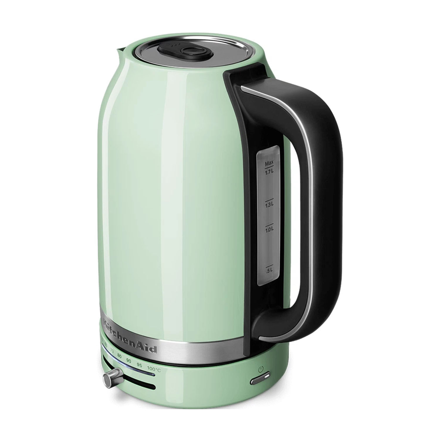 Bollitore elettrico KitchenAid verde menta su sfondo bianco. Manico e quadrante neri.