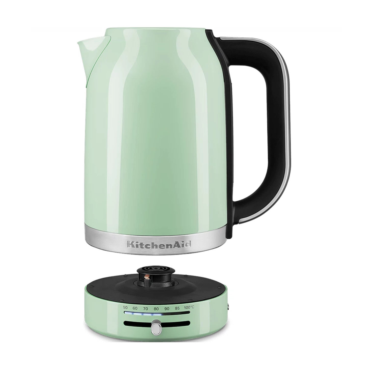 Un bollitore elettrico verde menta con manico e base neri, appoggiato su una base abbinata.