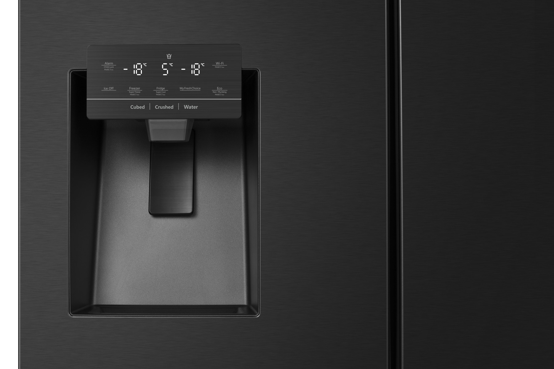 Schwarze Kühlschranktür mit Display. Es zeigt die Temperatur und Optionen für Eis, Wasser und andere Funktionen.