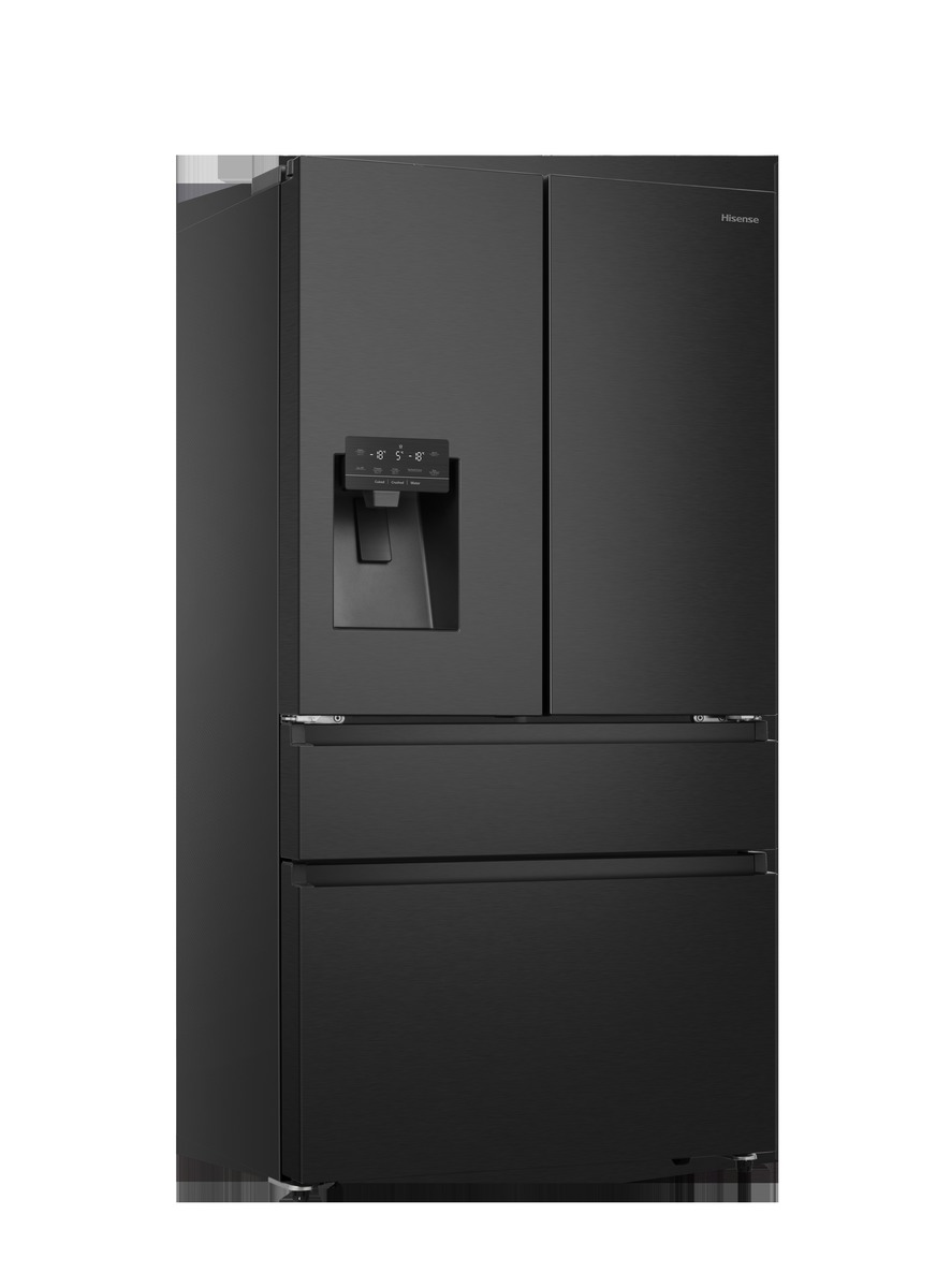 Ein schwarzer Hisense-Kühlschrank mit drei Türen und zwei Schubladen. Er hat einen Wasserspender und eine Temperaturanzeige.