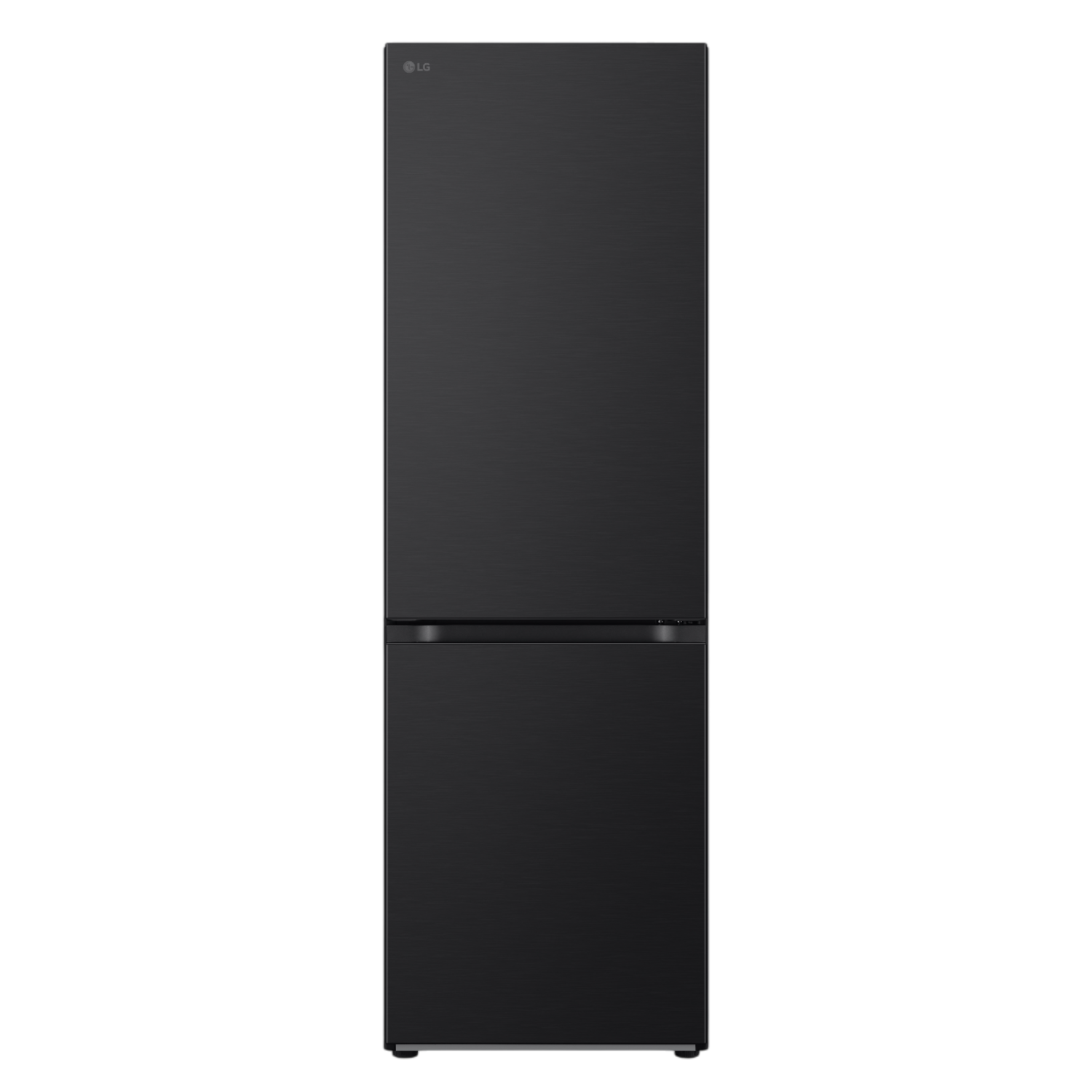 Zwarte LG koelkast. Twee deuren, een vriezer onder en een strak, modern design.