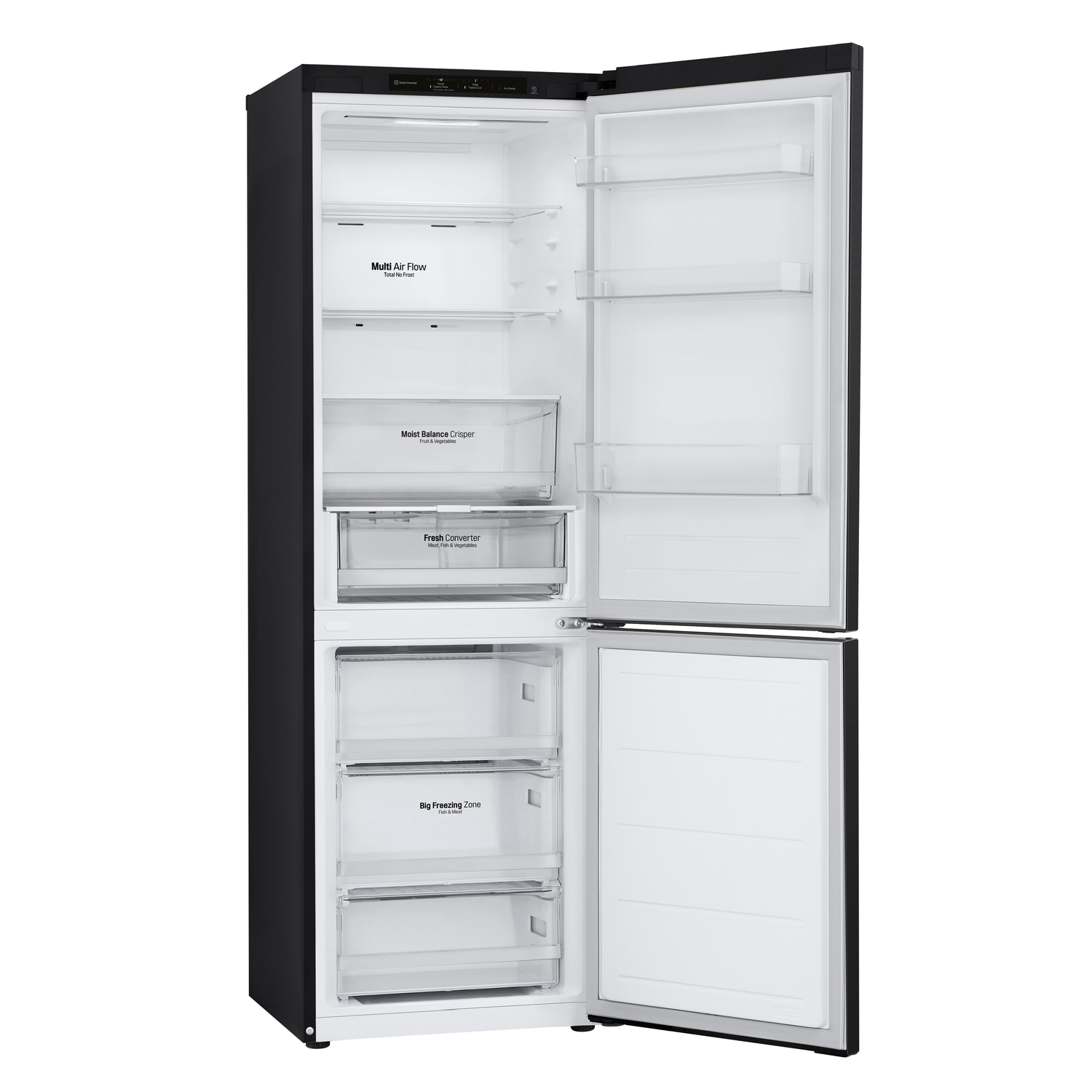 Zwarte LG koelkast met open deuren. Het interieur is wit met planken en laden.