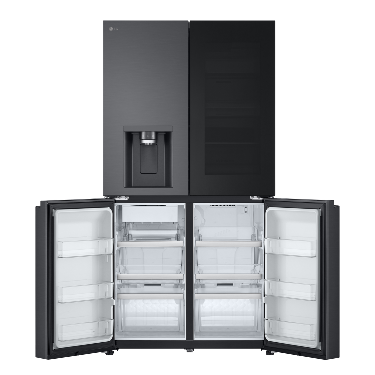 Un réfrigérateur LG noir avec distributeur d'eau et portes ouvertes est présenté sur fond blanc.