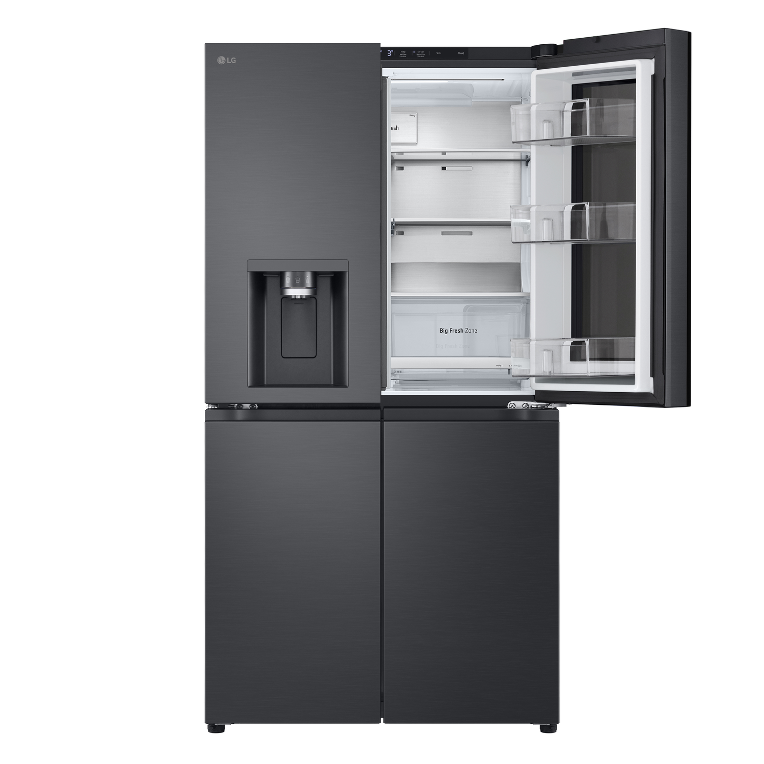 Un réfrigérateur LG noir avec quatre portes. La porte supérieure droite est ouverte.