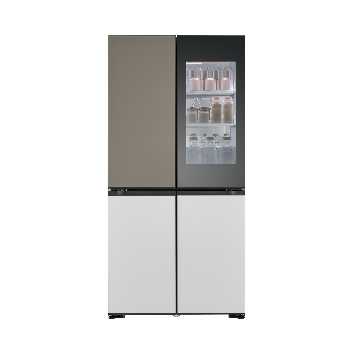 A modern four-door refrigerator, with two doors closed on the left and two transparent doors on the right.